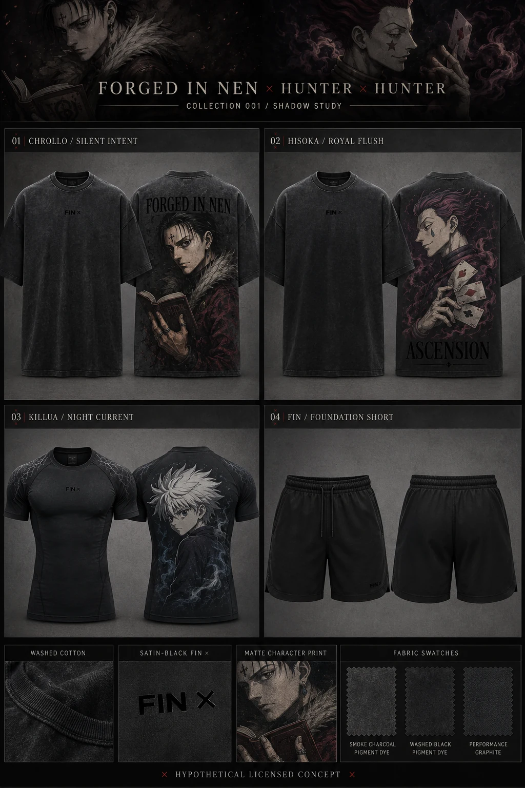 Chrollo / Silent Intent tee concept, front and back: washed charcoal with a small centered FIN × front mark and a muted Chrollo portrait holding an open book on the back.